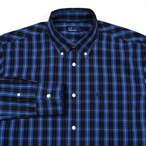 Fred Perry Shirt Men's Large Blue Black Plaid Casual Work Office Preppy Logo